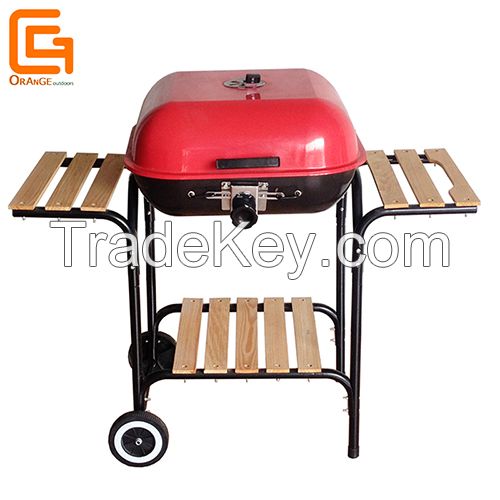Square Outdoor Burger Charcoal Bbq Grill with Wooden Side and Shelf