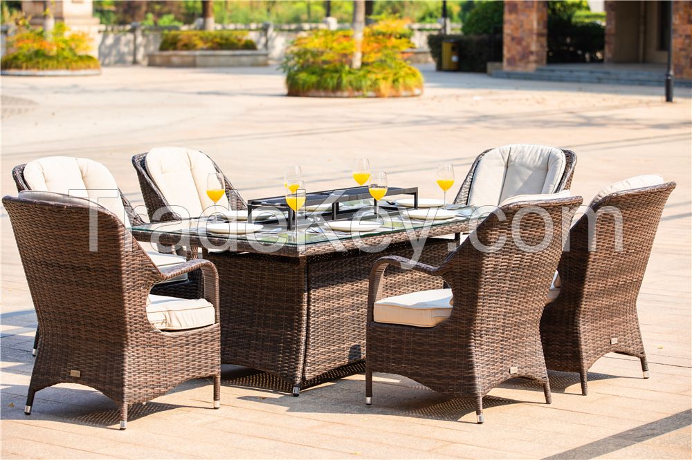 2020 Morden Living 7 pieces Hot Sell Outdoor Brown Wicker Fire Pit Dining Set