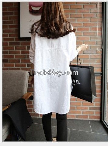 Spring and autumn new large-size women's pocket Korean version of long loose casual long-sleeved white shirt shirt