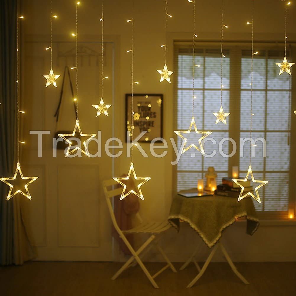 12 Stars 138 LED Curtain String Lights Window Curtain Lights with 8 Flashing Modes Decoration for Christmas Wedding Party Home Decorations (Warm White) 