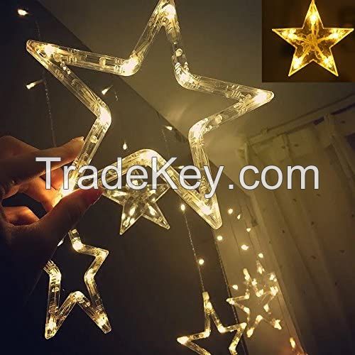 12 Stars 138 LED Curtain String Lights Window Curtain Lights with 8 Flashing Modes Decoration for Christmas Wedding Party Home Decorations (Warm White)