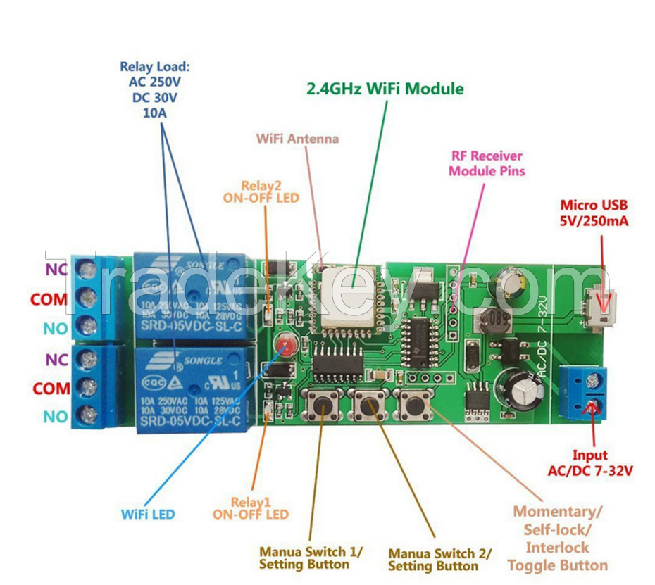 Lonten DC7-32V/5V 2 Channel 10A Relay WiFi Wireless Delay Relay Module APP Remote Control for Smart Home Android IOS