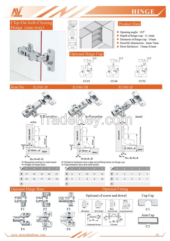 One Way Clip On Soft Closing Hinges With Excellent Quality Competitive Prices