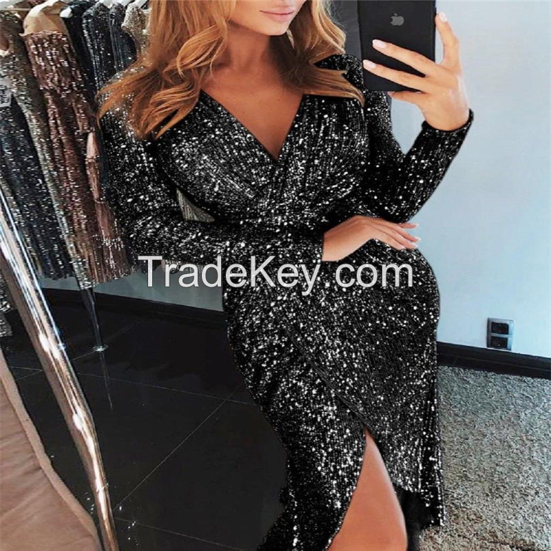 SS21# Long sleeve V-neck Shine sexy sequin dress for lady