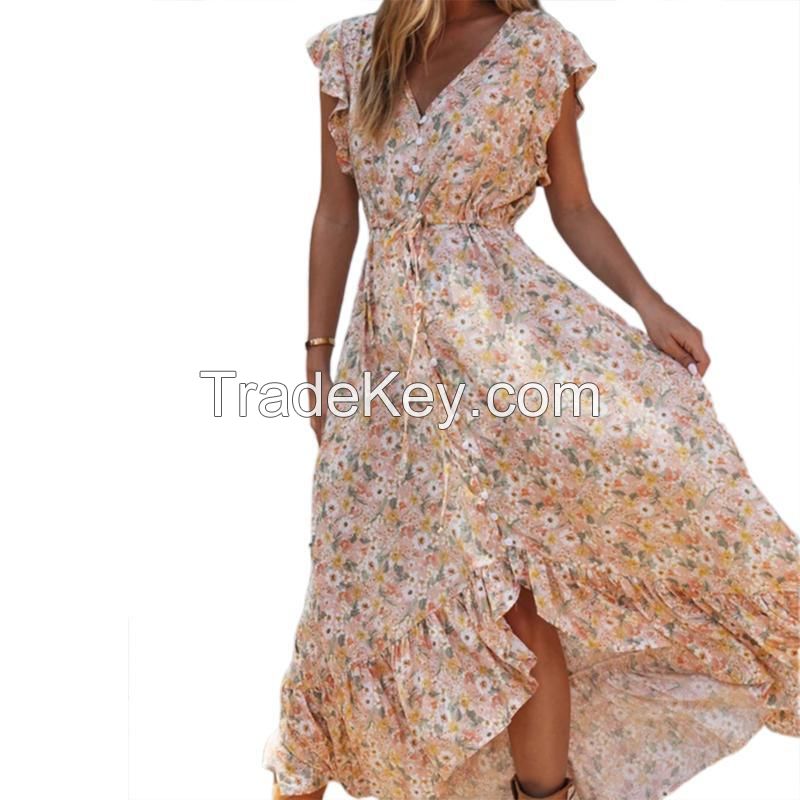 Floral Print Long Dress Boho Summer Vestidos Buttons Sashes Ladies Gypsy Maxi Dresses Casual Female 2021 Spring Summer New