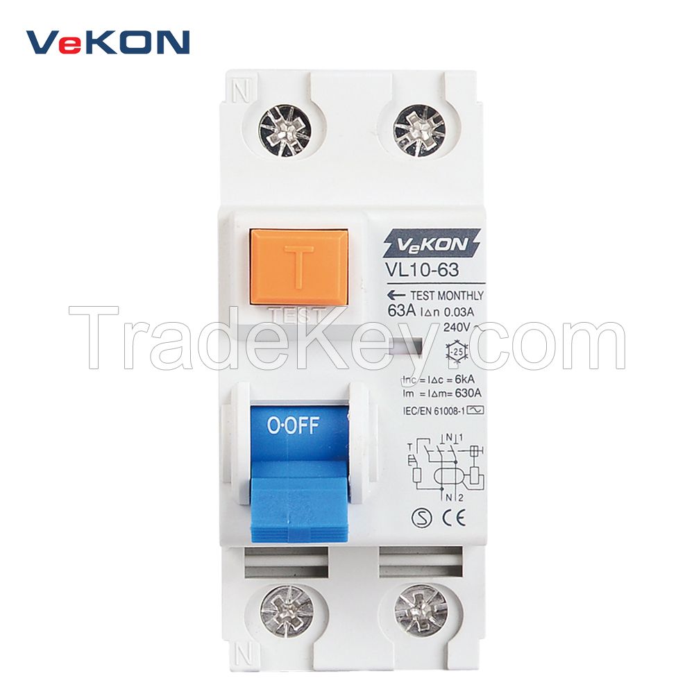 VeKON High Quality Chinese supplier CE VL10-63 1P+N 30mA 6ka 50HZ/60HZ Electrical Residual Current Circuit Breaker RCCB