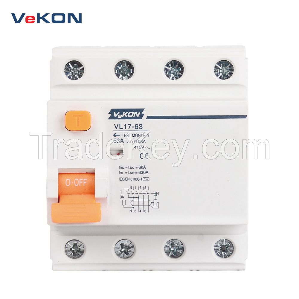 Reliable Manufacture VL17-63 RCD RCBO RCCB ELCB Price 4P Earth Leakage Circuit Breaker