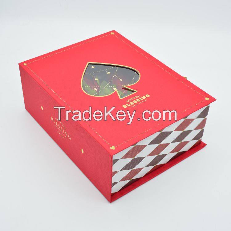 Customization cosmetic packaging embossed gold foil book shaped gift boxes with ribbon closure
