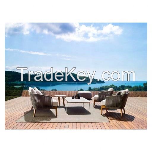 High quality rope furniture teak wood outdoor sofa rattan wicker patio