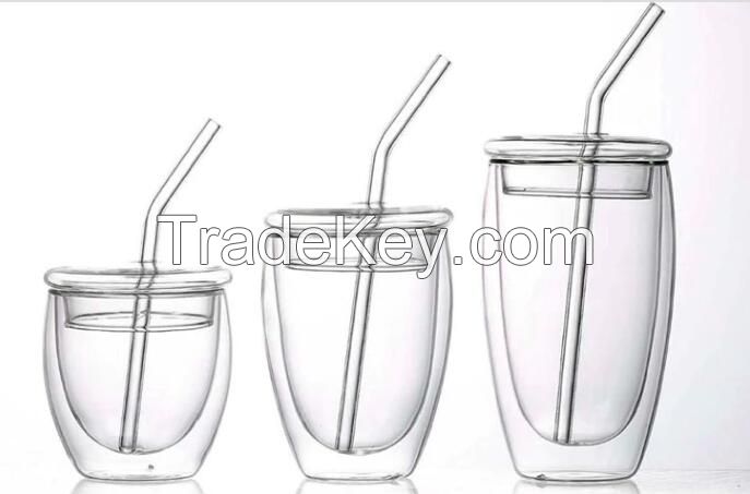 double wall insulated borosilicate glass cup with straw lid