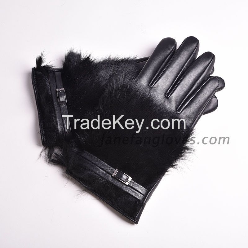 Women's 100% real sheepskin leather gloves lady winter warm fashion gloves with real rabbit Fur
