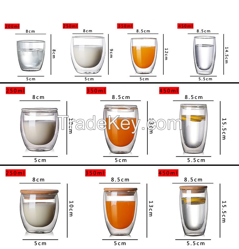 double wall glass coffee cup 80ml, 150ml, 250mol, 350ml, 450ml, 650ml