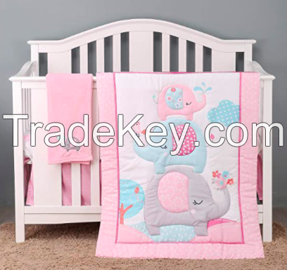 4 Piece Nursery Bedding Set - Baby Girl Crib Bedding Set Pink Elephant Nursery Bedding Crib Set | Crib Comforter, Fitted Sheet, Dust Ruffle,Blanket