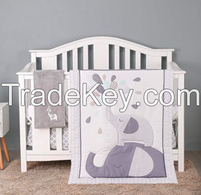 4 Piece Soft Baby Crib Bedding Set Grey Elephant Nursery Bedding Crib Set | Crib Comforter, Fitted Sheet, Dust Ruffle,Blanket