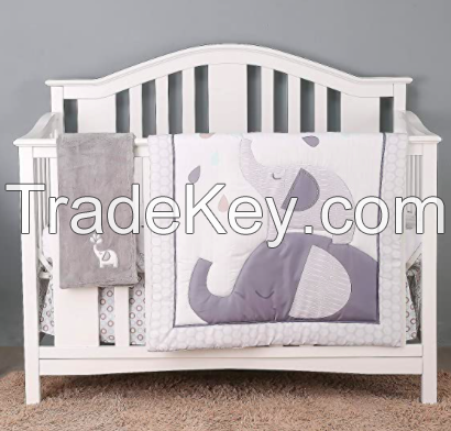 4 Piece Soft Baby Crib Bedding Set Grey Elephant Nursery Bedding Crib Set | Crib Comforter, Fitted Sheet, Dust Ruffle,Blanket