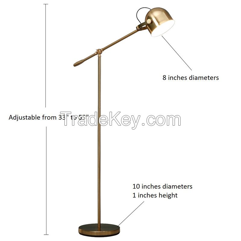 LED Light Adjustable Arm Task LED Metal Floor Lamp, Brass Gold Finish, Height Adjustable