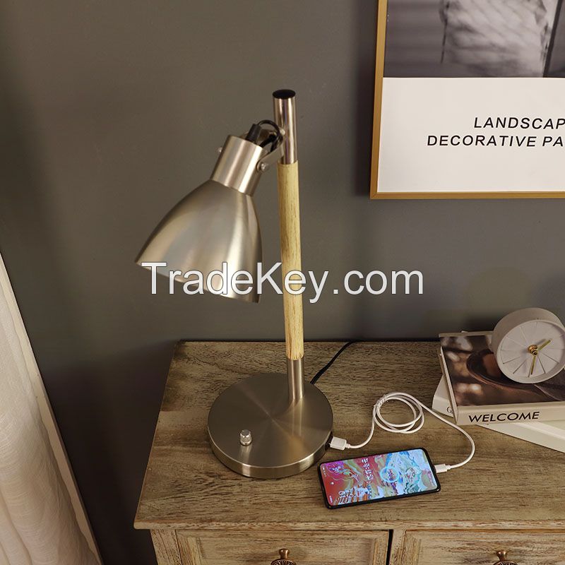 USB Table Lamp, LED Light Wood Finish Metal Desk Lamp, Adjustable Lampshade, Eye-Caring Reading Lamp
