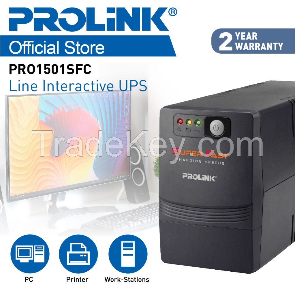 PROLiNK 1500VA Super Fast Charging Line Interactive Series UPS with built in AVR 140-300VAC Power Backup for Computer / Modem / Router / Network Equipment / CCTV PRO851SFC