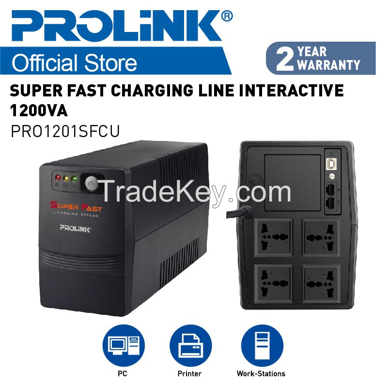 PROLiNK 1200VA Super Fast Charging Line Interactive Series UPS with built in AVR 140-300VAC Power Backup for Computer / Modem / Router / Network Equipment / CCTV PRO851SFC