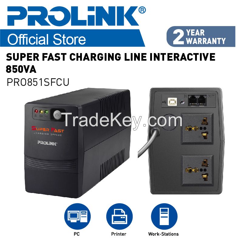 PROLiNK 850VA Super Fast Charging Line Interactive Series UPS with built in AVR 140-300VAC Power Backup for Computer / Modem / Router / Network Equipment / CCTV PRO851SFC