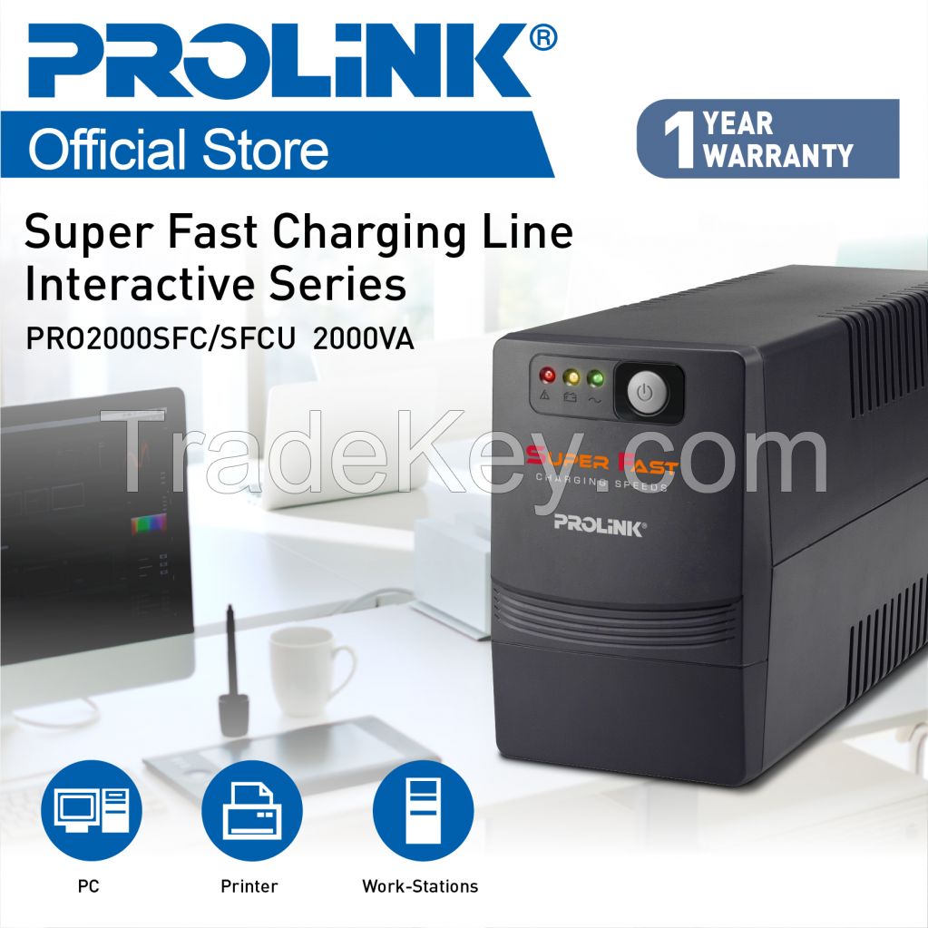 PROLiNK 2000VA Super Fast Charging Line Interactive Series UPS with built in AVR 140-300VAC Power Backup for Computer / Modem / Router / Network Equipment / CCTV PRO851SFC
