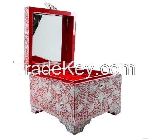 Nacre Inlay Mother of Pearl Storage Chest Wooden Box Crane with Pin Tree Design Jewelry Mirror Box