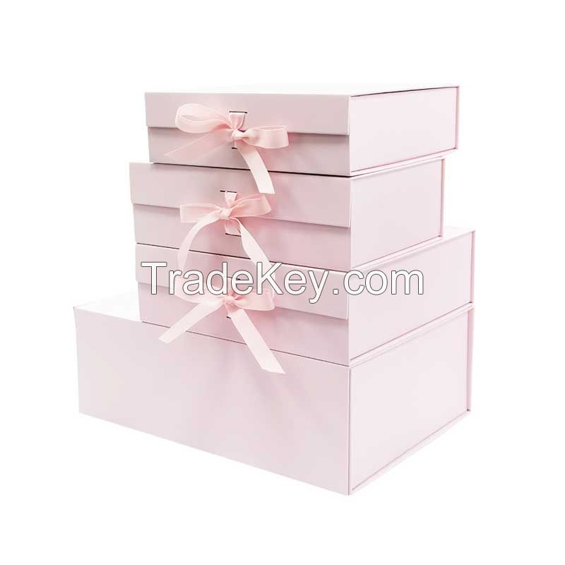 Luxury Custom Printing Pink Cardboard Rigid Magnetic Flat Pack Folding Clothes Paper Packaging Gift Box with Ribbon Closure
