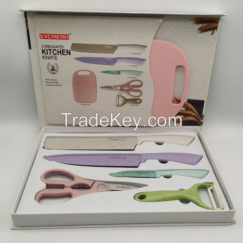6pcs wheat straw kitchen knife set with plastic chopping board