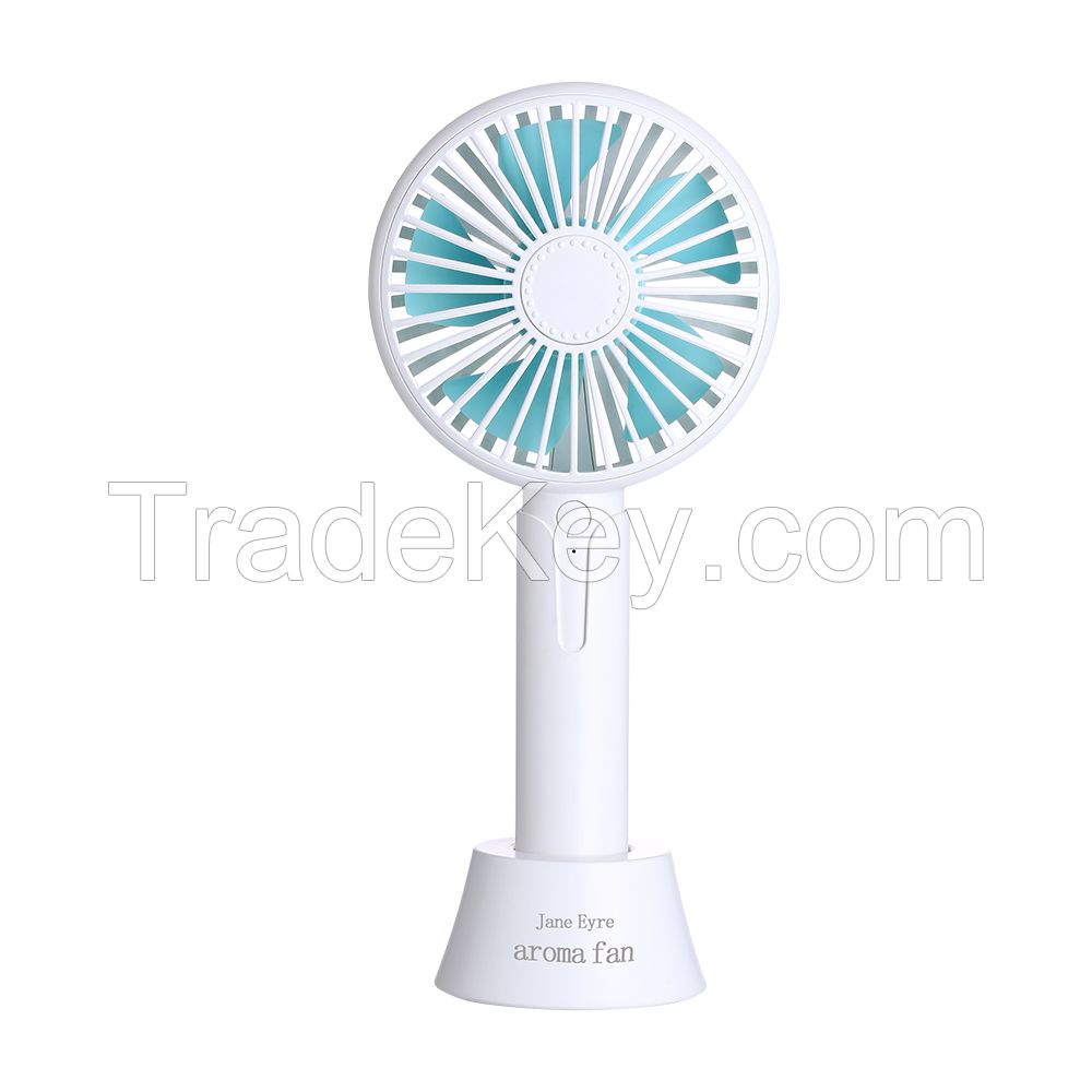 Lightweight portable cordless hand held jane eyre rechargeable aromatherapy fan with base