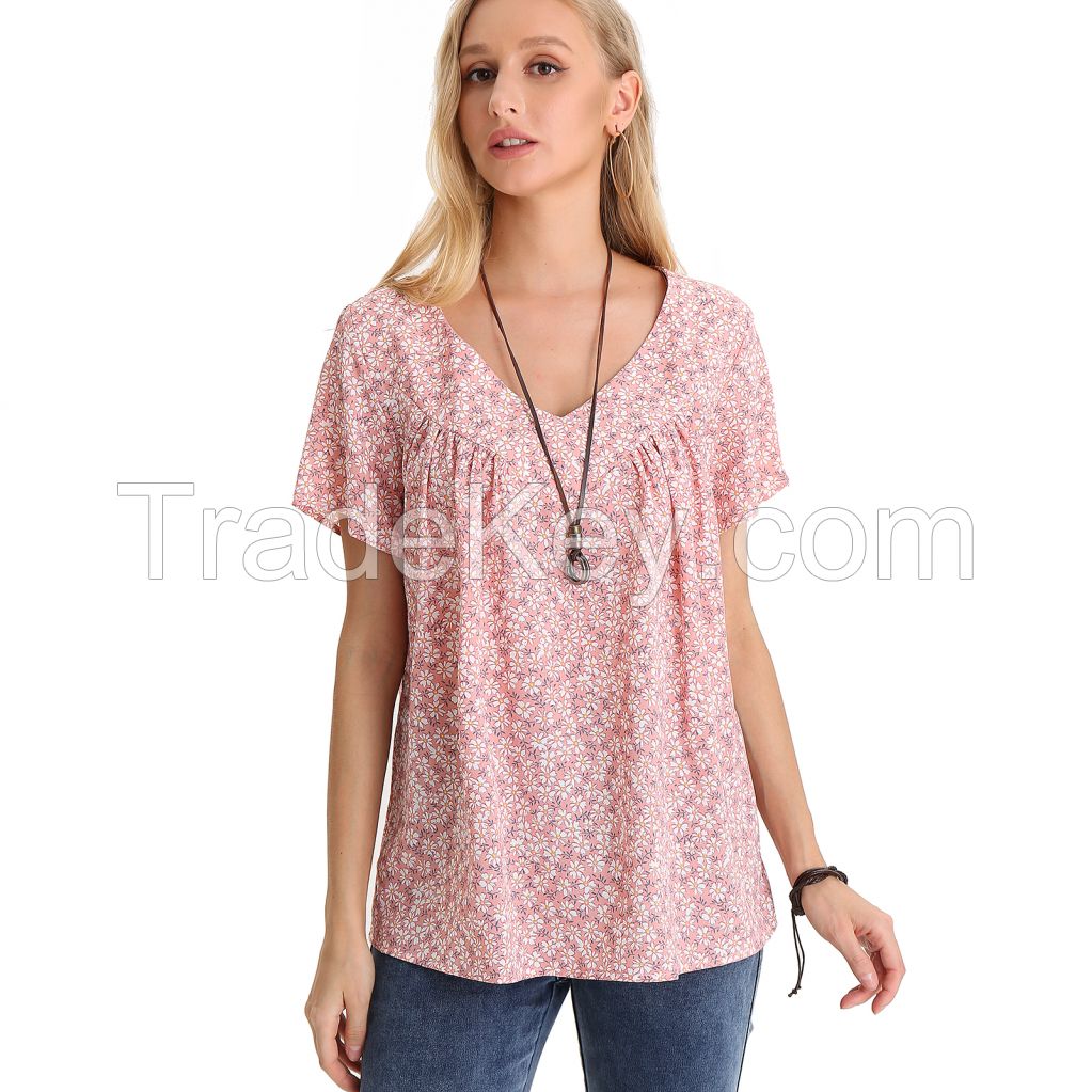 Women's Floral V Neck Short Sleeve Blouse Shirt