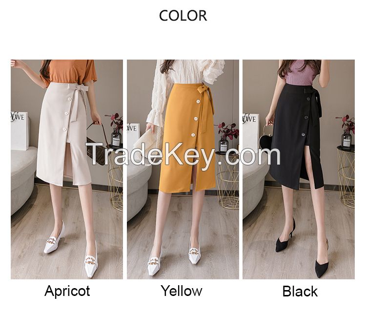 2021 Summer One-piece High-waisted Long Skirt Sashes Wrap Skirts Lace up Midi Skirt with Slit Korean Office Lady Work Wear Falda