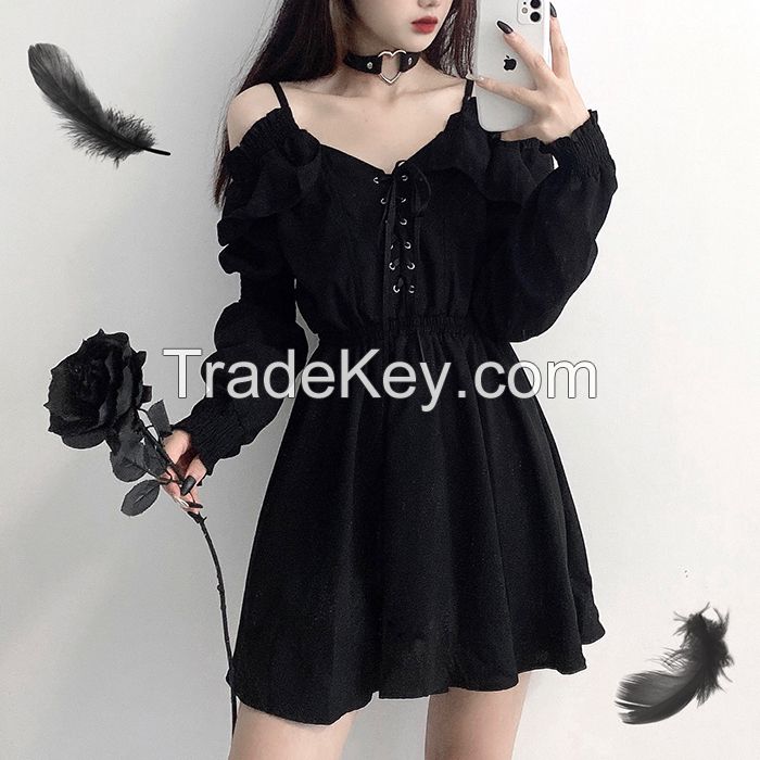 Women dress demon girl original black spring and autumn 2021 sexy high waist femme dress shoulder long sleeve gothic dress A085