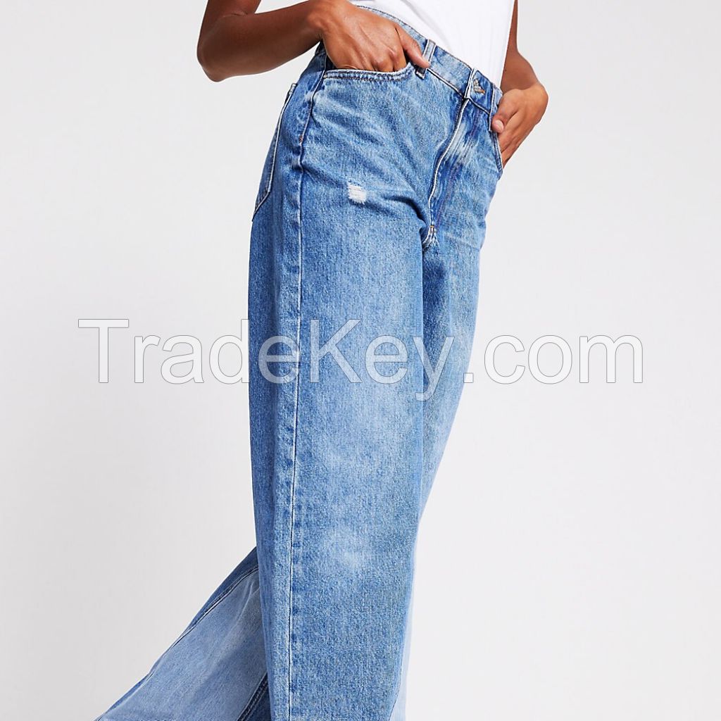 Blue wash split hem high rise jeans