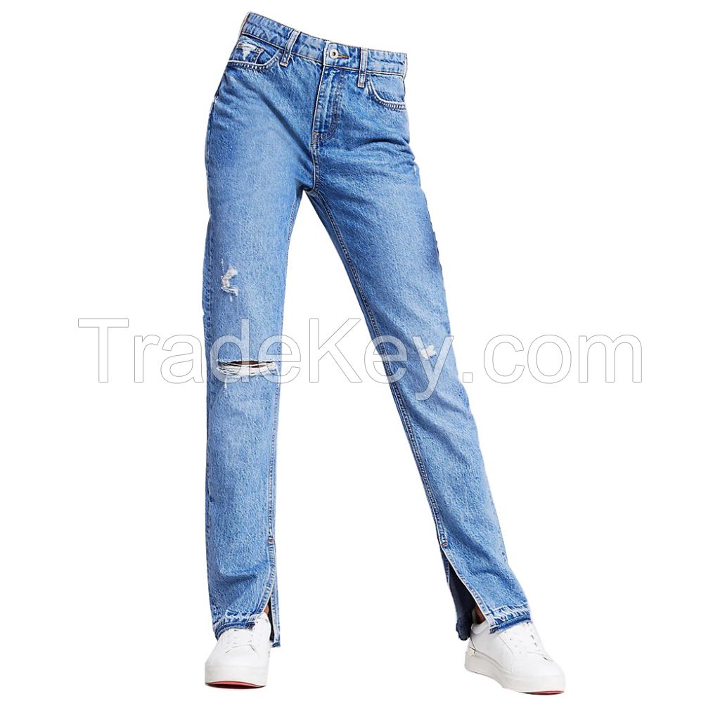 Blue wash split hem high rise jeans