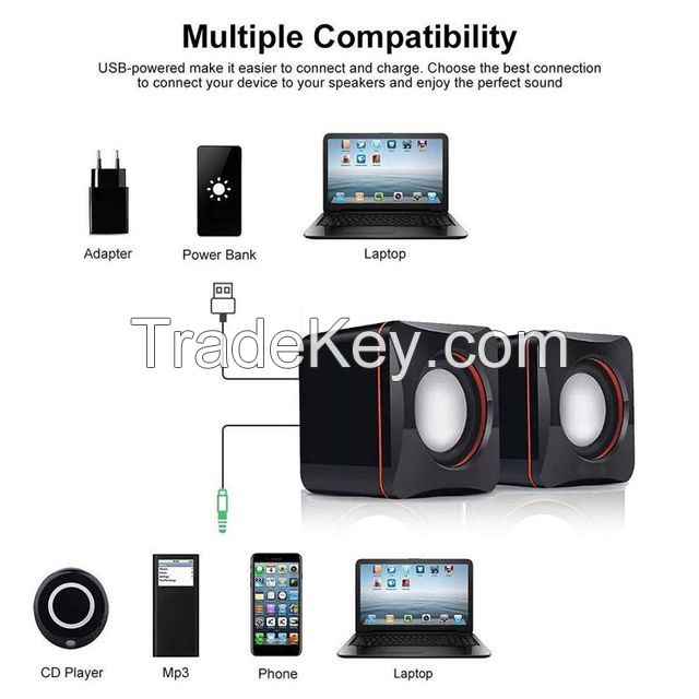 Lingzhi 1 Pair Mini Portable USB Wired Computer Speakers Audio Music Player Square Speaker Compact 3.5mm Jack Laptop Computer