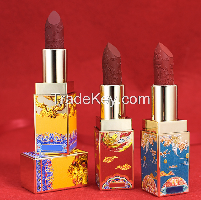 Chinese Style Lipstick Red Carved Custom Oriental Beauty Waterproof And Long-Lasting