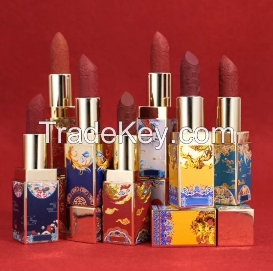 Chinese Style Lipstick Red Carved Custom Oriental Beauty Waterproof And Long-Lasting