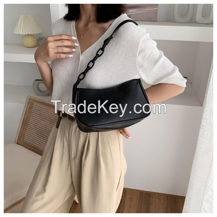 Female Leather Solid Color Chain Handbag Retro Casual Women Totes Shoulder Bags Fashion Exquisite Shopping Bag