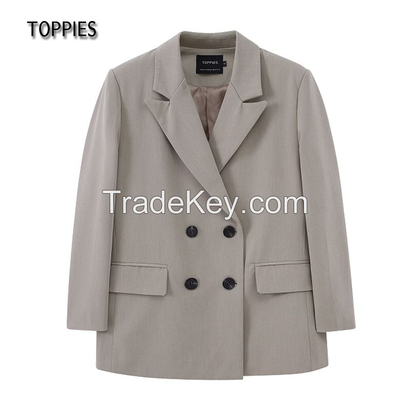 TOPPIES 2021 womens long blazer double breasted suit jacket loose oversize coat solid color formal blazer