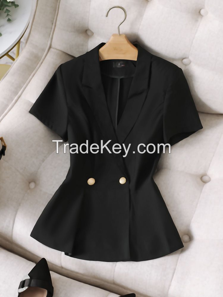 Boliyae Fashion Woman Short Sleeve Suit Jacket Office Work Black Blazers for Ladies Summer Slim Fit Formal Tops Jackets Female
