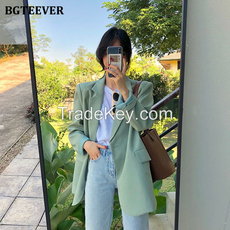 BGTEEVER Chic Loose Light Green Women Blazer Summer One Button Female Suit Jacket Full Sleeve Outwear blaser femme 2021