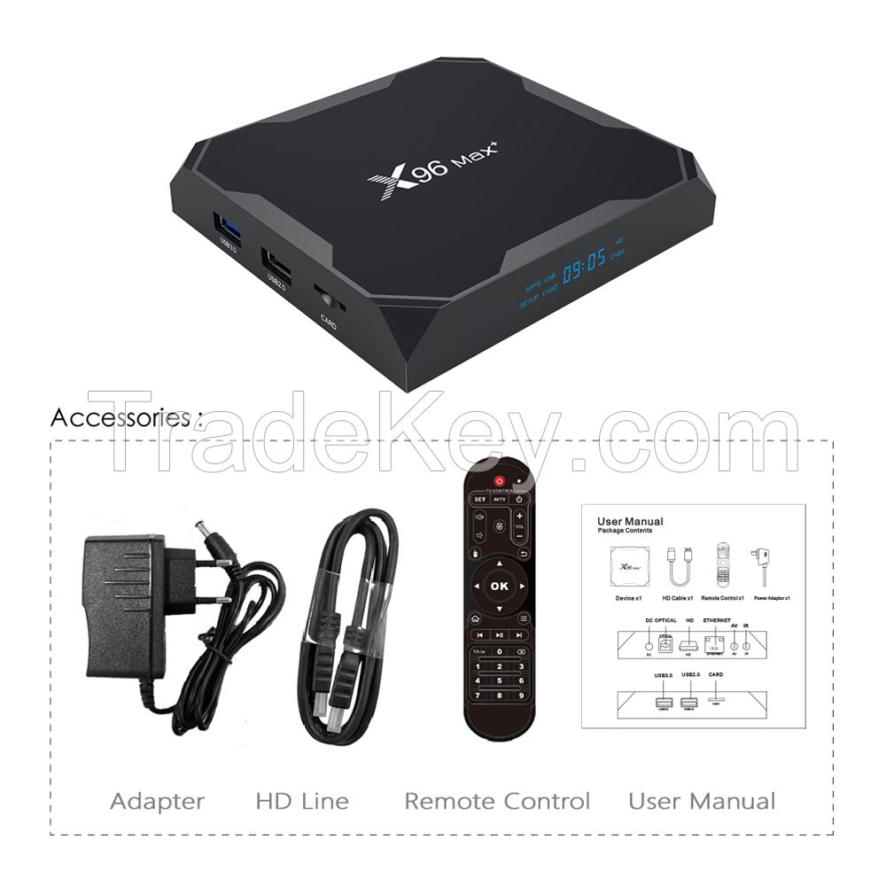 Android 9.0 TV Box 4GB RAM 32GB ROM, Upgraded X96 Max+ Android Box Amlogic S905X3 Quad-core 2.4G + 5.8G WiFi 1000M LAN Bluetooth 4.0 4K 60fps HDR Support 2.4G Voice Remote Control