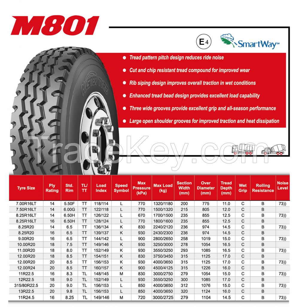 Truck Tire TBR 1100R20 / 11R20 - 18 PLY - Master Tyre M801 