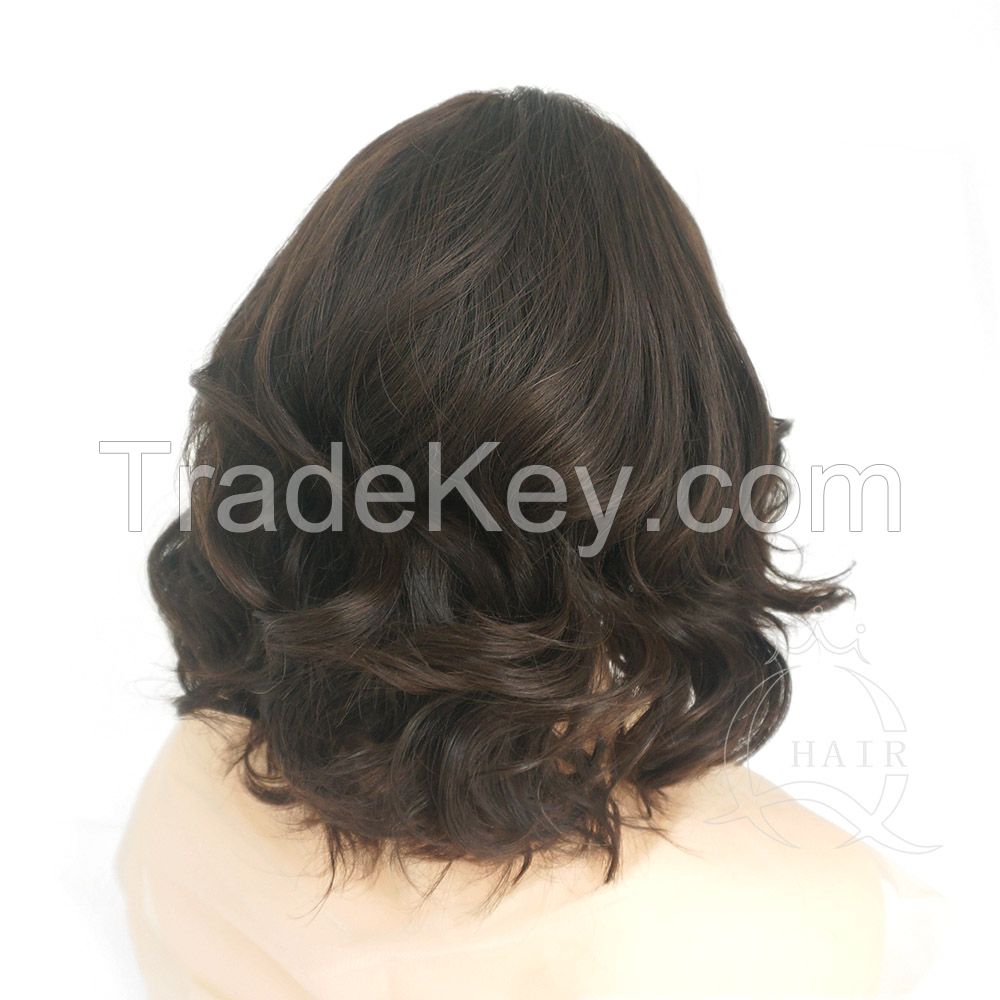 14inches small layer wave light brown with highlight human hair women hair wig jewish wig