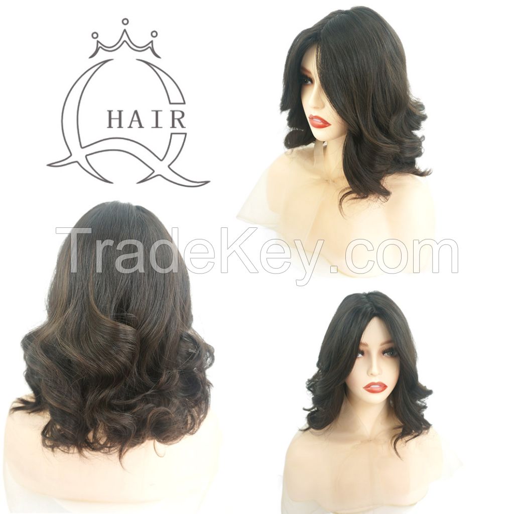 16 inches color 2-6# highlight heavy density silk top jewish wig one time wave virgin hair wig 