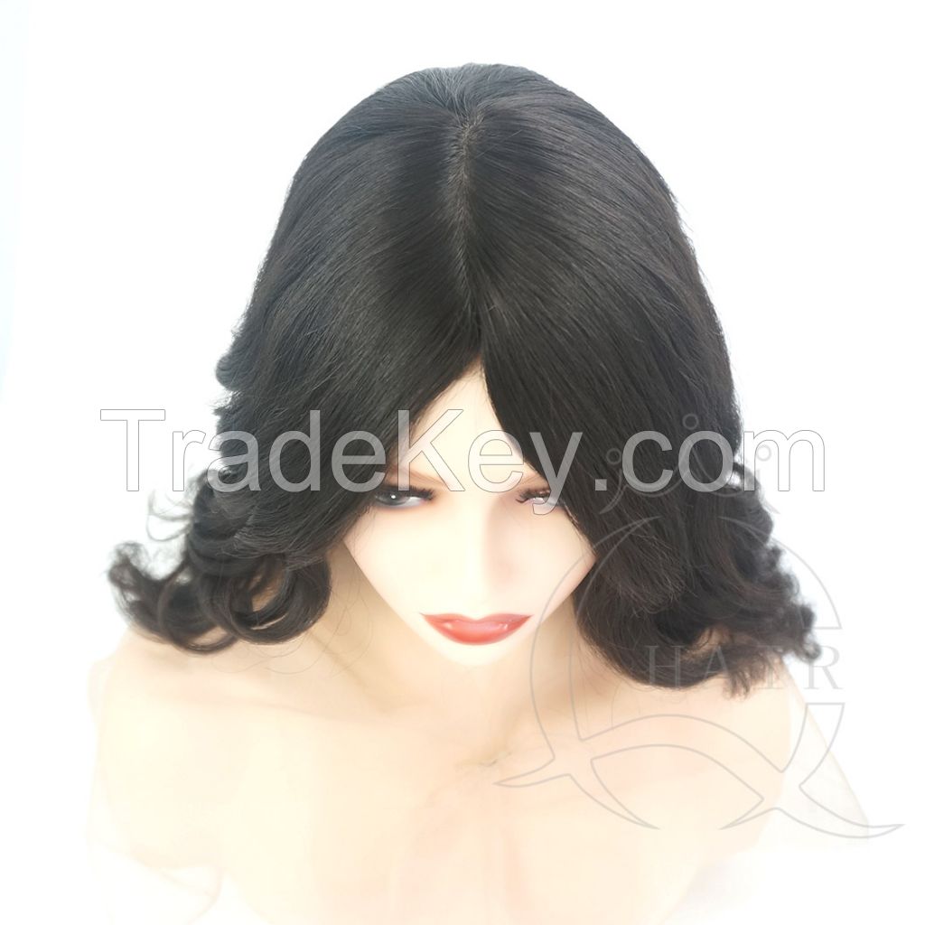 14 inches big layer color curly hair human hair remy hair wig restyled wave medium density skin top jewish wig