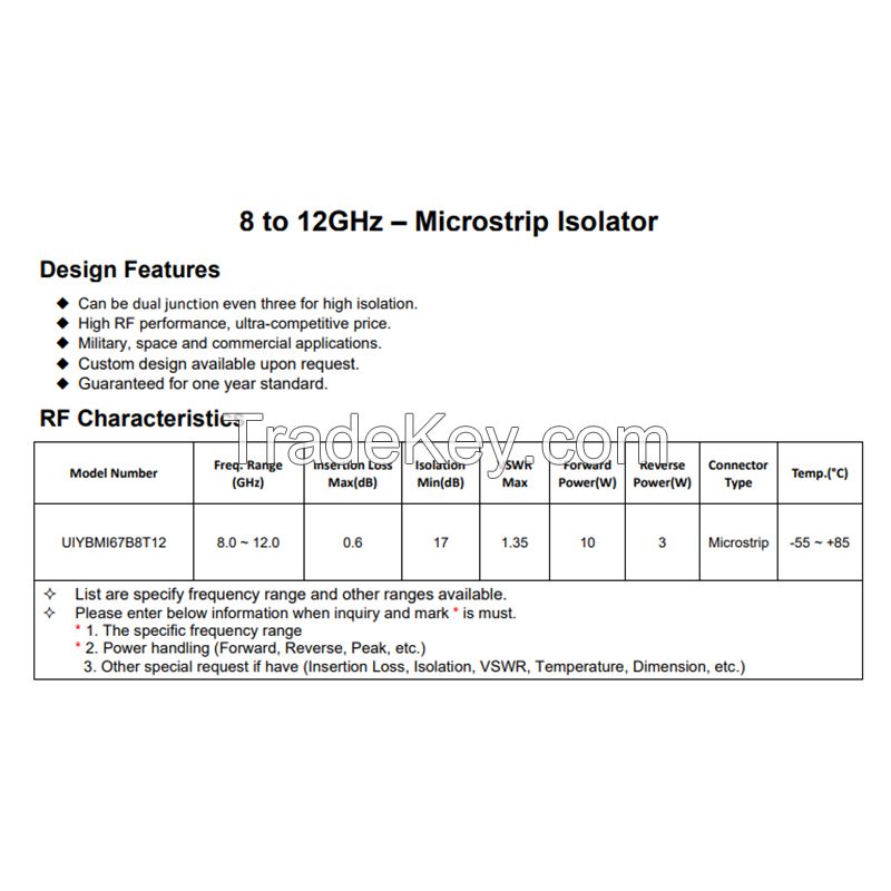 Passive Device X Band 8.0 to 12.0GHz RF Microstrip Isolator IL 0.6dB