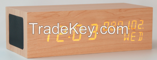 Wooden bluetooth speaker LED display time and date alarm clock can talk