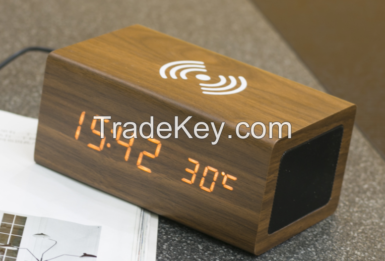 Creative alarm clock wireless charging bluetooth speaker wooden clock perpetual calendar display home accessories clock