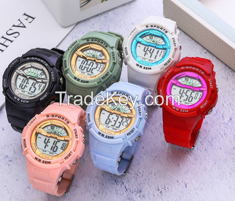 ins children's watch female waterproof multi-function watch youth macaron color sports watch